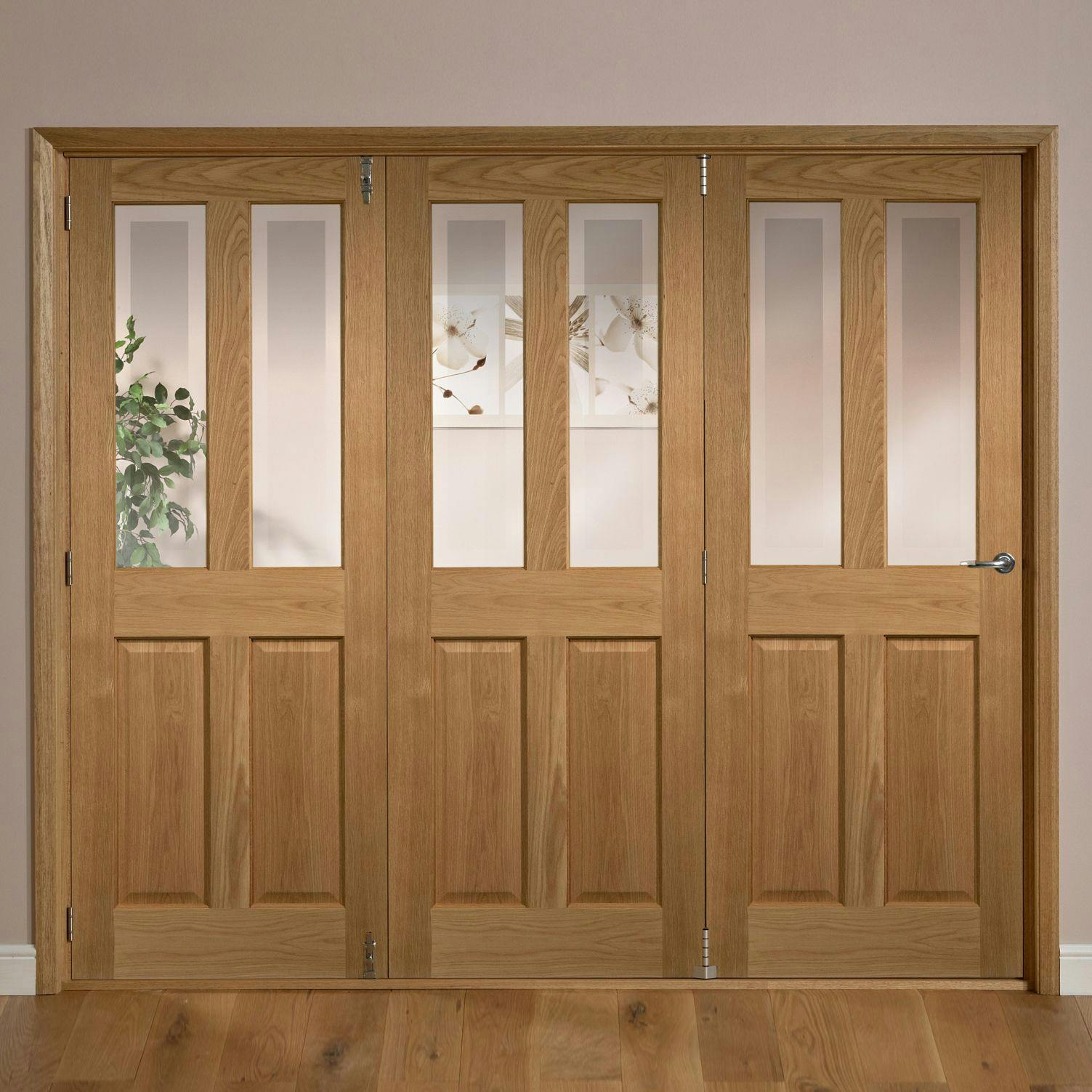 Freedom Elveden 4 Panel 2 Lite Frosted Glazed Oak Veneer Lh Internal Tri-Fold Door Set, (H)2035mm (W)2146mm