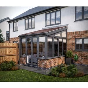 SOLid Roof Lean to Conservatory Grey Frames Dwarf Wall with Rustic Brown Tiles - 13 x 10ft