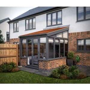 SOLid Roof Lean to Conservatory Grey Frames Dwarf Wall with Rustic Terracotta Tiles - 13 x 13ft